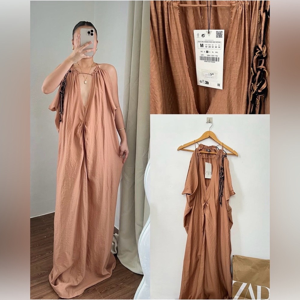 #1080 Zara Sleeveless Tan Draped Maxi Dress - Picture 13 of 14